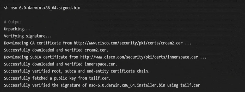 Image showing how to use the sh command to unpack the resources and start Cisco NSO installing process